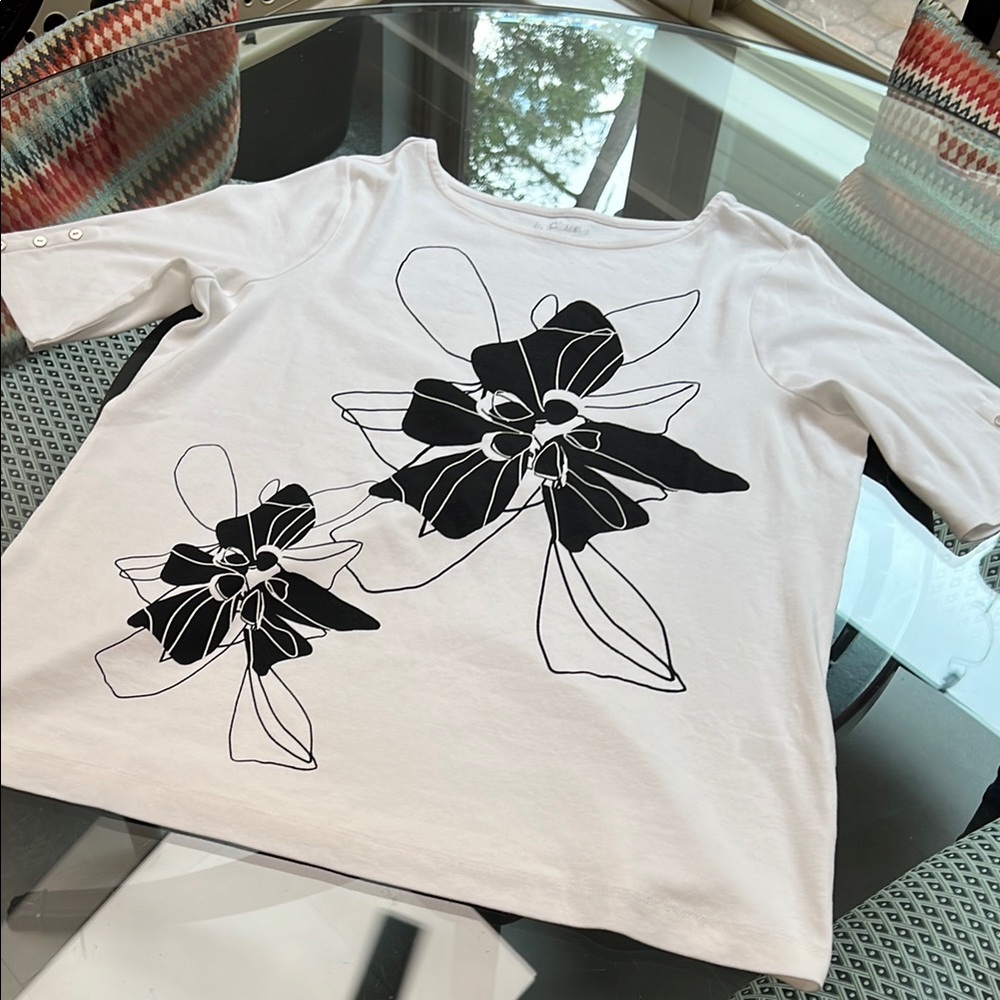 Chico’s 100% cotton White Top with Black Floral Design